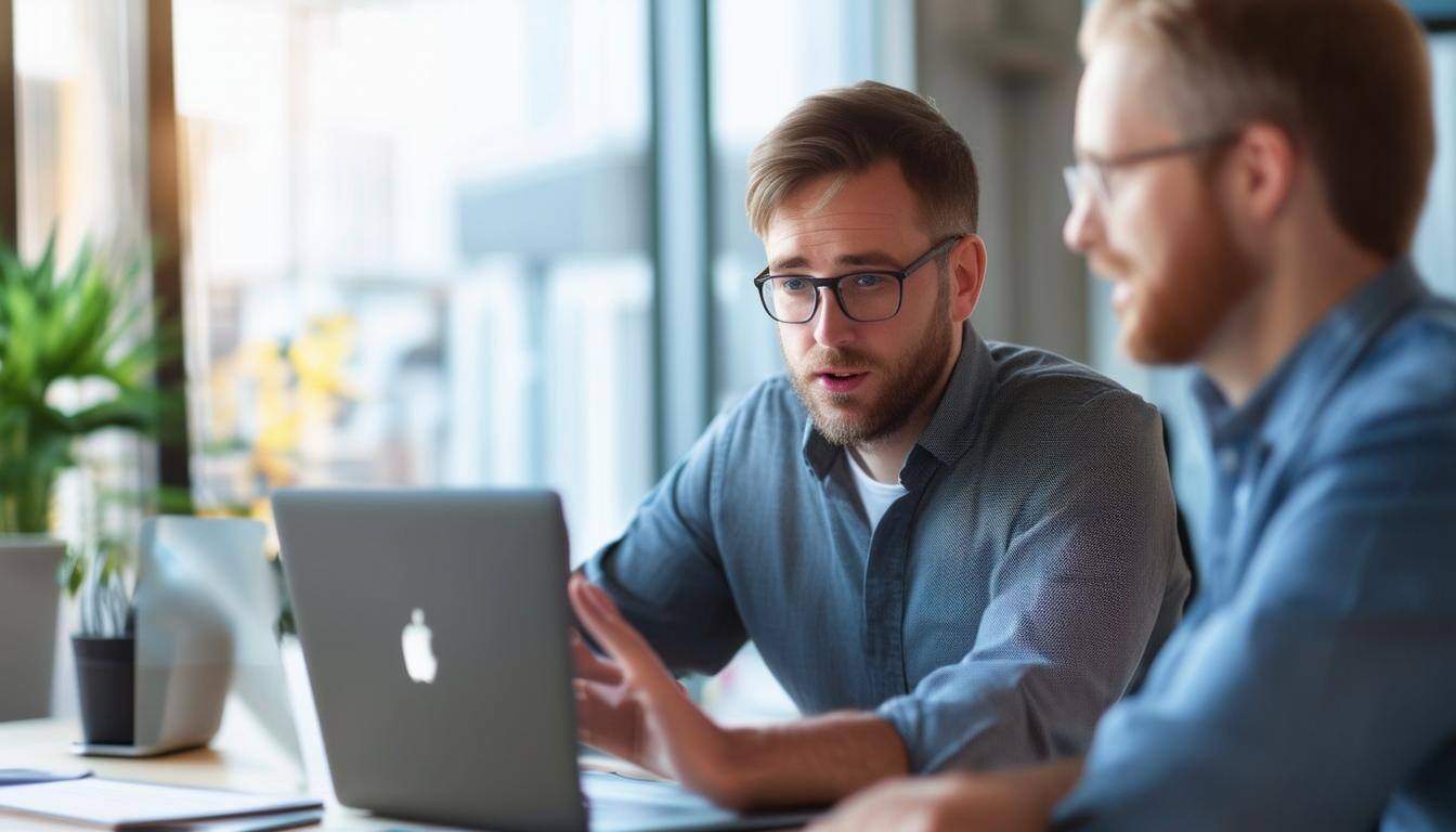 i.t consulting services, talking to small business owners and showing the it service on a laptop